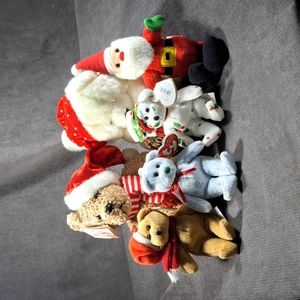 Vintage Plush Lot 2 Christmas Bears 3 TY Bear Ornaments 1 Gund Santa Ornament VG